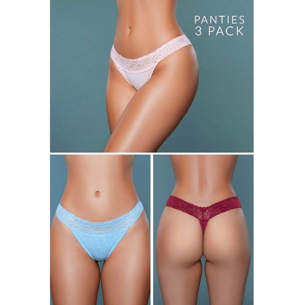 NWT BeWicked Asher 3-pack Jersey thong with floral lace waist design, S,M,L,XL